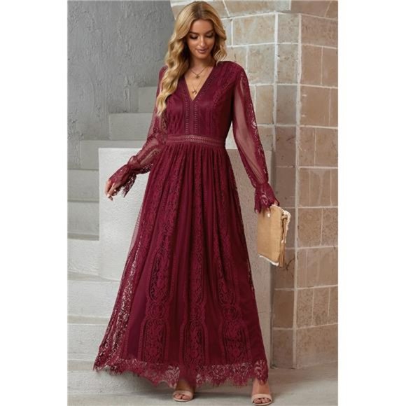 Women's Scalloped Hem Flounce Sleeve Lace V-Neck Maxi Dress - Picture 2 of 9